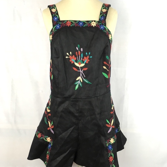 Zara Pants - Overall shorts jumpsuit black embroidered flowers